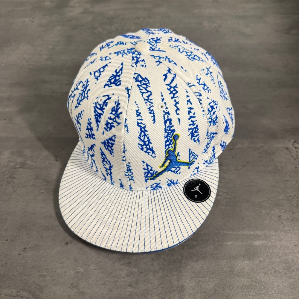 Jordan Fitted Hat Mens 8 White Blue All Over Print Jumpman Laney High School